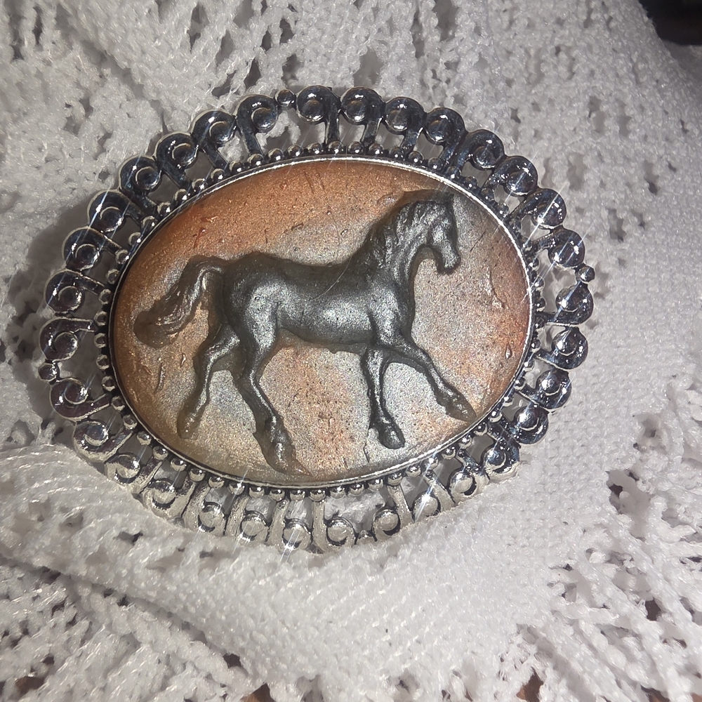 Standing Horse Cameo Brooch On Silver Tone Metal Frame 45x35 mm